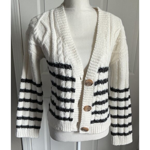 Lucky Brand Womens White & Blue Striped Button Up Cardigan Sweater Small‎ - Picture 1 of 10